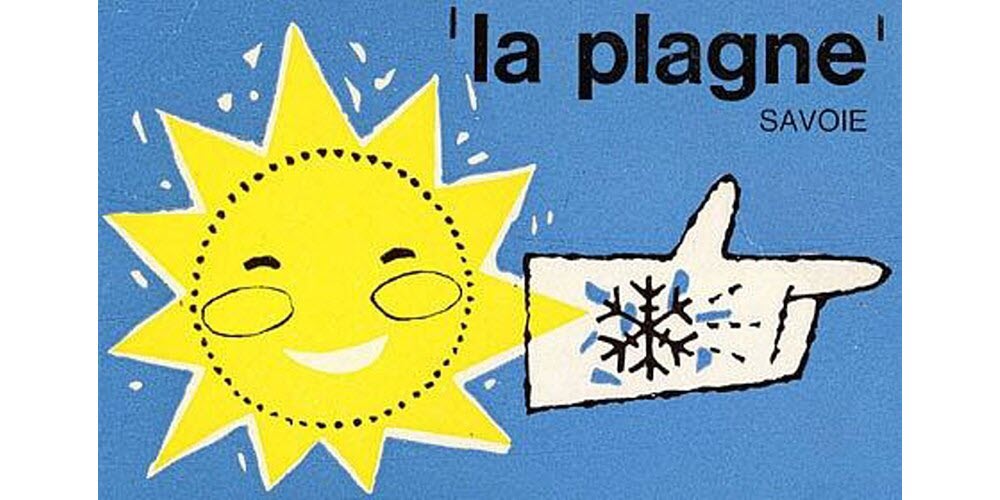 Vintage La Plagne Savoie poster with a smiling sun and snowflake glove on a blue background