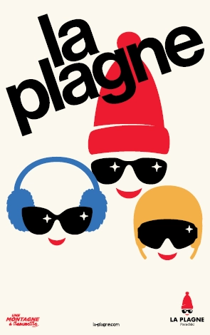 New La Plagne brand poster with three cartoon faces in a red bobble hat, blue earmuffs and a yellow helmet